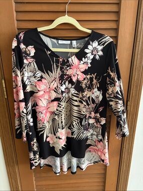 Susan Graver Black Floral Scoop-Neck Tunic with Pink & Cream Blooms